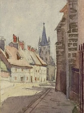 Beautiful Drawing Watercolour 1930 Paper Fortified Scene Of Rue Church Steeple