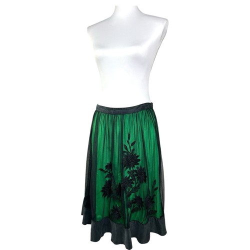 Anthropologie Lithe Skirt 6 Green Black Mesh Floral Embroidered Boho Whimsigoth - Picture 2 of 15