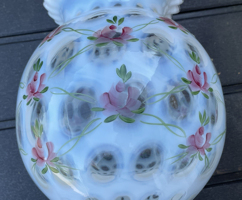 4 3/4”-5” Fitter Antique Vtg Fenton Glass Oil Lamp Shade Opalescent Ruffled Rose - Picture 16 of 22