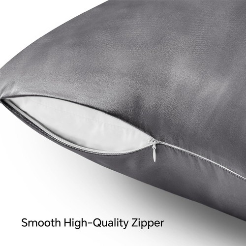 Satin Zippered Pillowcase Set, Dark Grey Standard Size, Soft & Cooling 20x26" - Picture 5 of 11