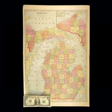 ca1903 Vintage MICHIGAN Map Wall Art Decor LARGE Original State Antique Detroit