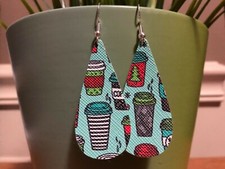 Faux Leather Earrings- Coffee Pattern- Tear Drop Design-003
