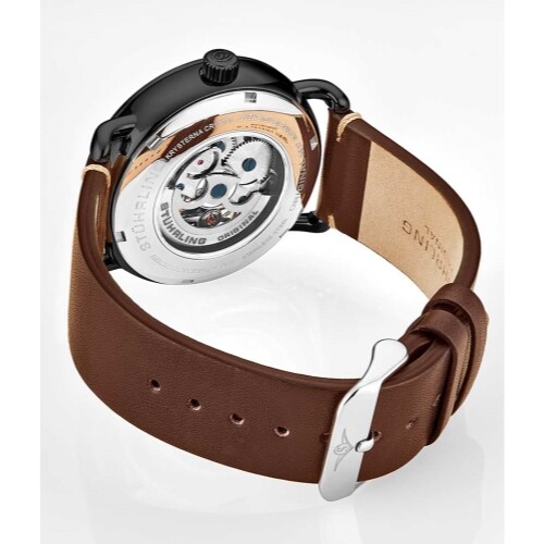 Stuhrling 3972 3 Mantra Automatic Brown Leather Skeleton Dress Mens Watch - Picture 5 of 6