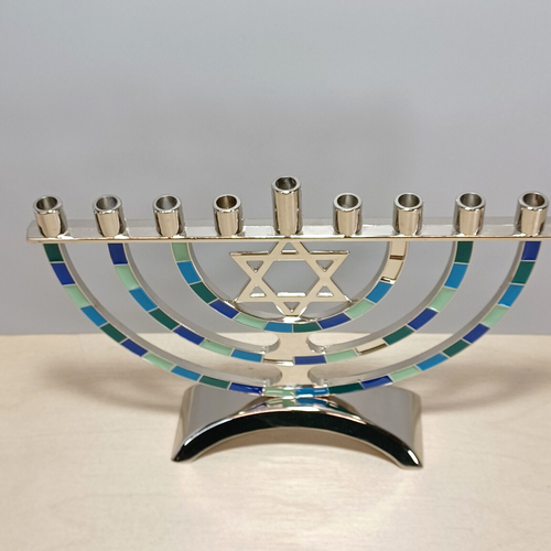 Hanukkah Menorah Candle Holder Silver Metal Decor Star of David - Picture 2 of 9
