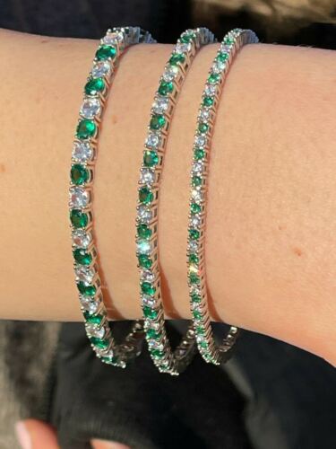 Tennis Bracelet SOLID 925 Sterling Silver Iced Simulated Diamond & Green Emerald - Picture 1 of 12