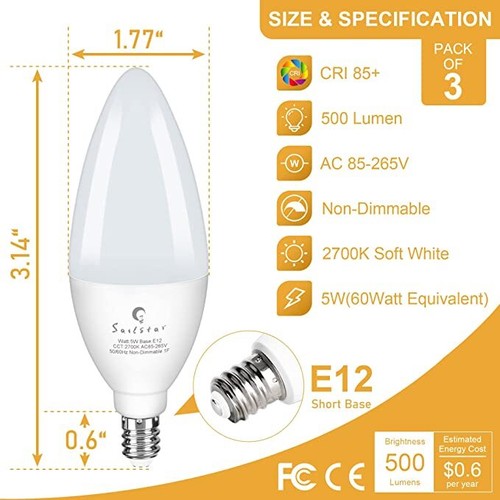 Candelabra Light 5W Bulbs Equivalent 60W, E12 Small Base Type B LED Bulbs,3-Pack - Picture 12 of 15