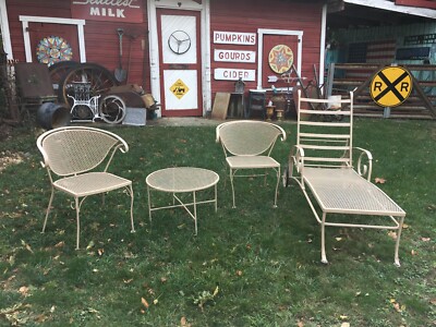Vintage Mid Century 4pc Metal Patio Chairs and Lounge Chair table set