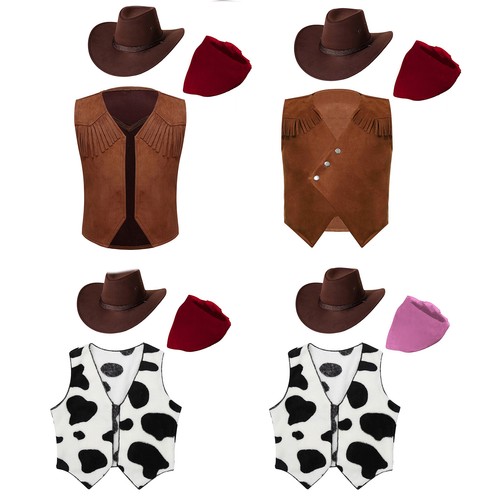 Kinder Teens Cowboy Kostüm Zubehör Cool Weste Print 3-teilig Anzug Retro Party - Bild 2 von 32