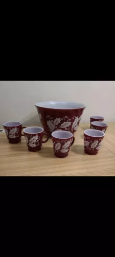 Vintage Hazel Atlas Christmas Burgundy Holly Egg Nog Glass Punch Bowl Set 1950s
