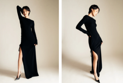 SAINT LAURENT YSL Black Lace-Up Ribbon Side Slit Wool Maxi