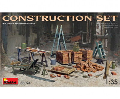 MiniArt 550035594 1:35 Baustellen-Set mit Zubehör Leiter Mauersteine deutsche