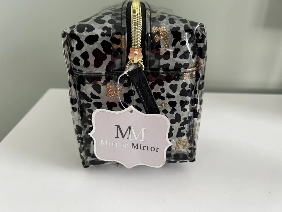 Espelho Espelho Leopardo Estojo Cosmético, Estampa Preta com Acentos de Glitter Dourado, Novo com etiquetas - Imagem 2 de 4