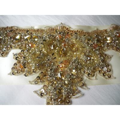 Ivory Gold Rhinestone Crystal Bridal Belt MOB Prom Beaded  display picture 2