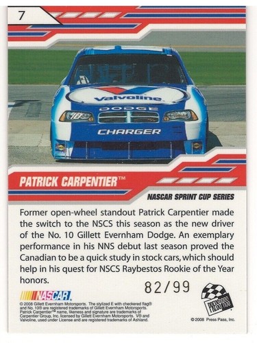 2008 Press Pass Stealth Chrome #7 Rookie Gold Patrick Carpentier #82/99 - Picture 2 of 2