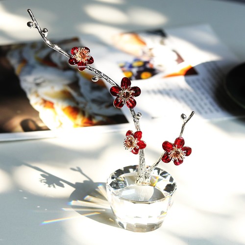 Red Crystal Flowers Figurine Collectible Plum Blossom Paperweight Glass Ornament - Picture 4 of 12