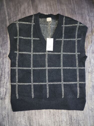 A New Day Vest Blue Plaid V-Neck Sleeveless Knit Cotton Pullover NWT Medium