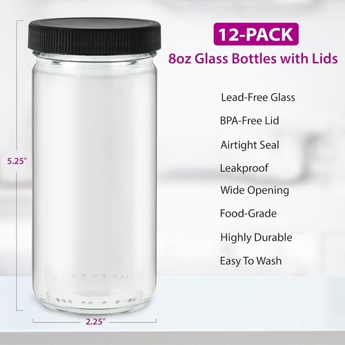 Lightweight 8oz Round Glass Juice Bottles - 12-Pack for Eco-Friendly Hydration - Picture 4 of 8