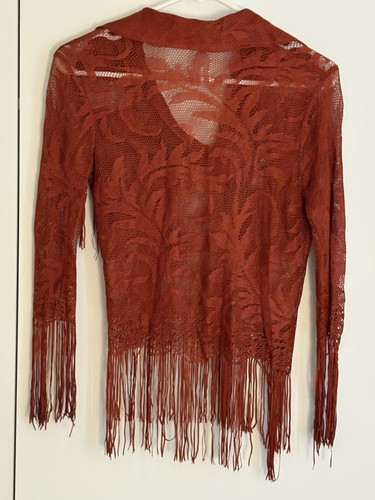 Vintage 70s Rust Semi Sheer Lace Fringe Boho Festival Top XS/S - Picture 2 of 11