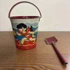 VINTAGE TIN LITHO OHIO ART METAL TOY BEACH SAND PAIL & SHOVEL CHILDREN PLAYING