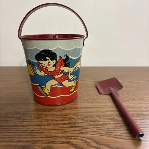 VINTAGE TIN LITHO OHIO ART METAL TOY BEACH SAND PAIL & SHOVEL CHILDREN PLAYING