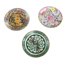 Chinese Vintage Porcelain Saucers Set of 3 Decorated in Hong Kong Dragon Floral