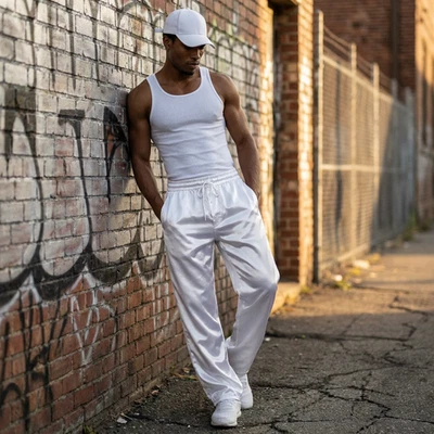 Men’s Shiny White Satin Baggy Pants – Stylish & Trendy Sportswear - Bild 1 von 4