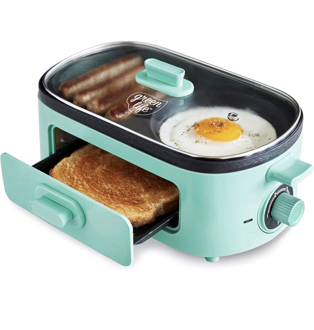 3-In-1 Breakfast Maker Dual Griddle Eggs Sausage Bacon 2 Slide Toaster Grill