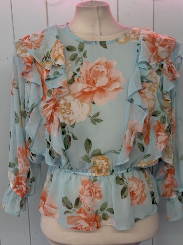 River Island Top Size 10 Ladies Turquoise Peach Floral Pattern Sheer Ruffle - Foto 3 di 4