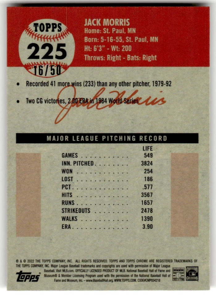 2022 Topps Chrome Platinum Anniversary Jack Morris Gold Refractor #/50 #225 - Image 2 of 2