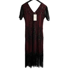 Babeyond Dress Womens L Red Sheer Black Mesh Beaded Fringe Midi Gatsby Flapper