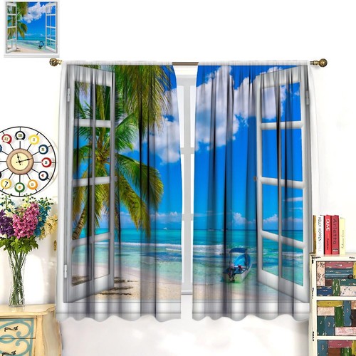Strandvorhänge, Tropische Meer Palme Landschaft Szene 3D Offen Fenster Druck Stange... - Bild 3 von 7