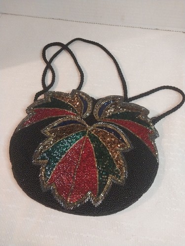 Beaded Evening Bag purse Black Multi Colored Leaf Design Zipper Beautiful