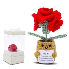 Mother's Day Decor Artificial Carnation Flowers Handmade Crochet Red Gift Box