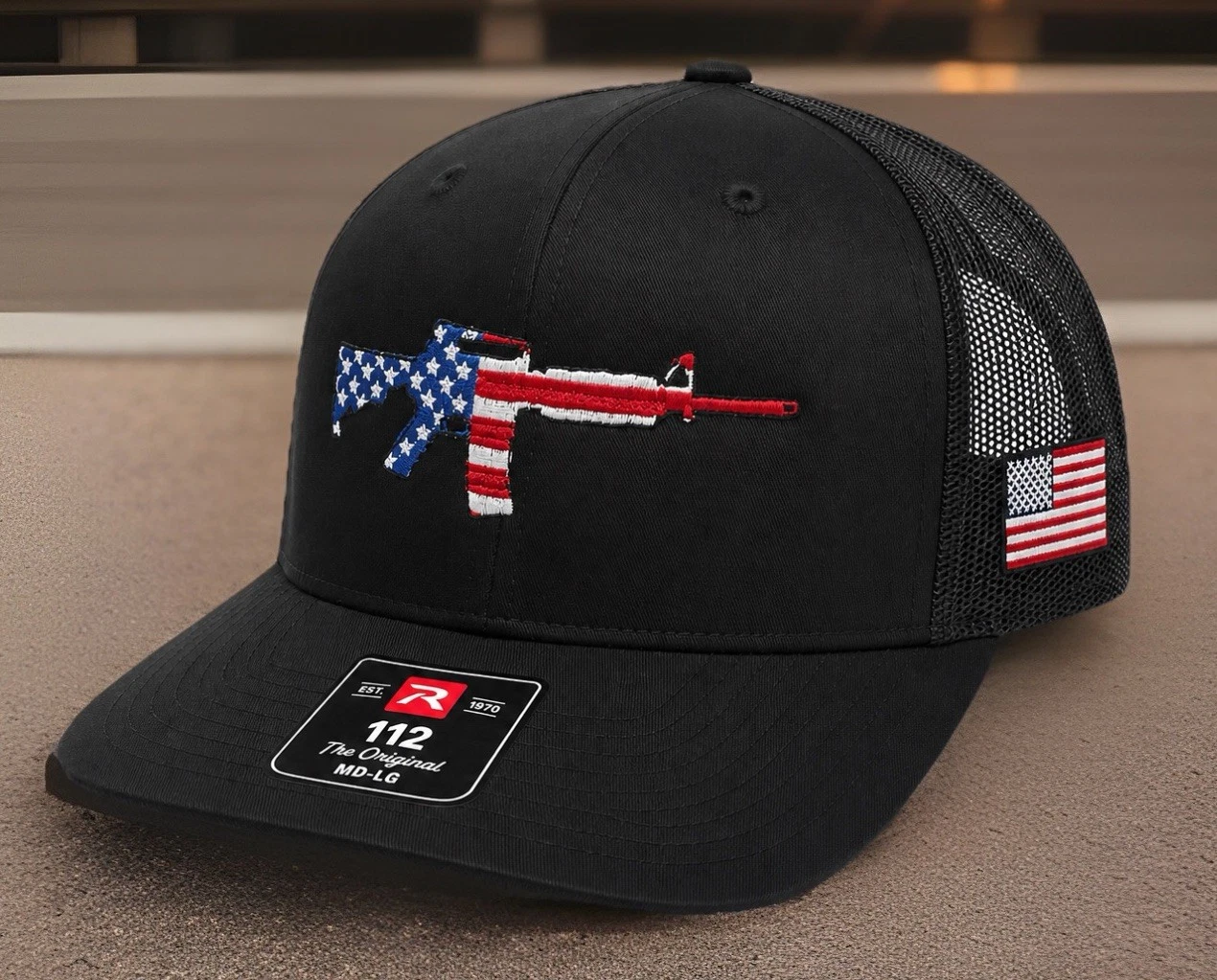 Richardson 112 Black Trucker Hat USA Flag Embroidered Snapback Cap. MAGA