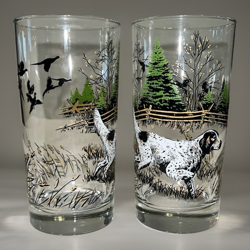 Vintage 70er Libbey Glaswaren auf Punkt Jagd Vogel Hund - 2 Trinkgläser - 12 oz - Bild 2 von 12