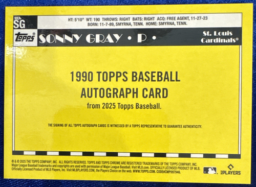 2025 Topps Chrome Sonny Gray Auto Blue Refractor 26/50 90CA-SG kostenloser Versand - Bild 4 von 5