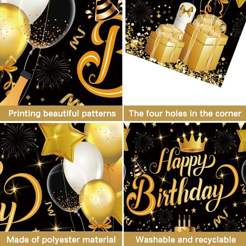 Black and Gold Happy Birthday Backdrop Banner Photography Background Party Decor - Picture 4 of 7