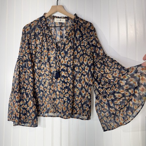 Native Chic Boho Floral Navy Sheer Bell Sleeve Blouse Small Lightweight Cottage - Picture 2 of 9