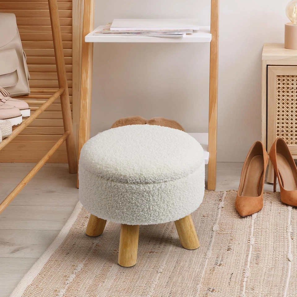 Pequeño reposapiés otomano redondo con almacenamiento, reposapiés de espuma de terciopelo (crema) Foto 2 de 4