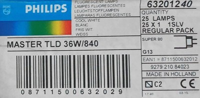 25x Philips Master TL-D 36W/840 Super 80 Fluorescent Tube Cool White 4000K Original Packaging