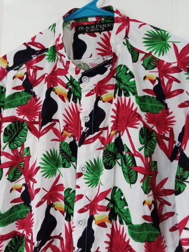 Black Perry Tropical Hawaiian Button Up Shirt Men's Size XL Toucans Rayon - Picture 3 of 6