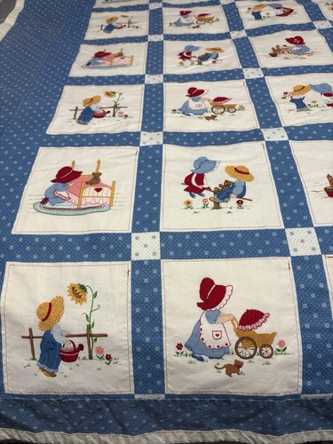 Child TWIN Panel Fabric, Sunbonnet Sue Sam Farm Handmade 54” X 82” QUILT - Picture 7 of 13