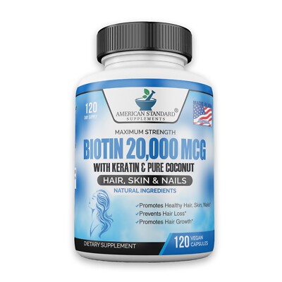 Biotin 20,000mcg + Keratin + Organic Coconut + Zinc - 120 Veggie Capsules - USA