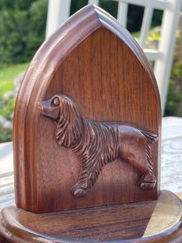 Vintage Buchstützen Retriever Gedeck Art Deco handgeschnitzt massiv Nussbaum Blecher USA