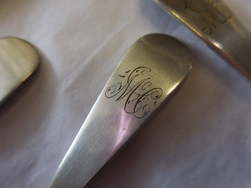 VANSANT PHILADELPHIA c1885 12 STERLING SILVER SAUCE SPOONS GEOMETRIC MONO "McC" - Picture 10 of 11