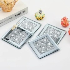 4xSquare Mirrored Crushed Crystal Coasters Sparkle Table Mats Diamond Glitter UK