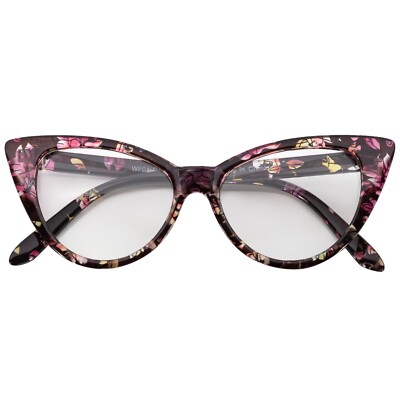 CAT EYE FLOWER BLACK PATTERN GLASSES CLEAR LENS WOMENs UVB UVA PROTECTION