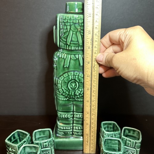Vtg Figural Tiki Decanter Ceramic Green Glaze & 6 Glasses Mayan Aztec - Picture 6 of 7