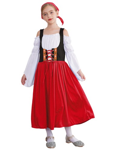 Kids Girls Dirndl Dress Oktoberfest Costume Cold Shoulder Dress with Headscarf  - Picture 5 of 44