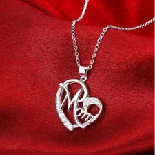 Silver Love Heart Mom Charm Pendant Chain Necklace Great Gift Mother's Day, Mum